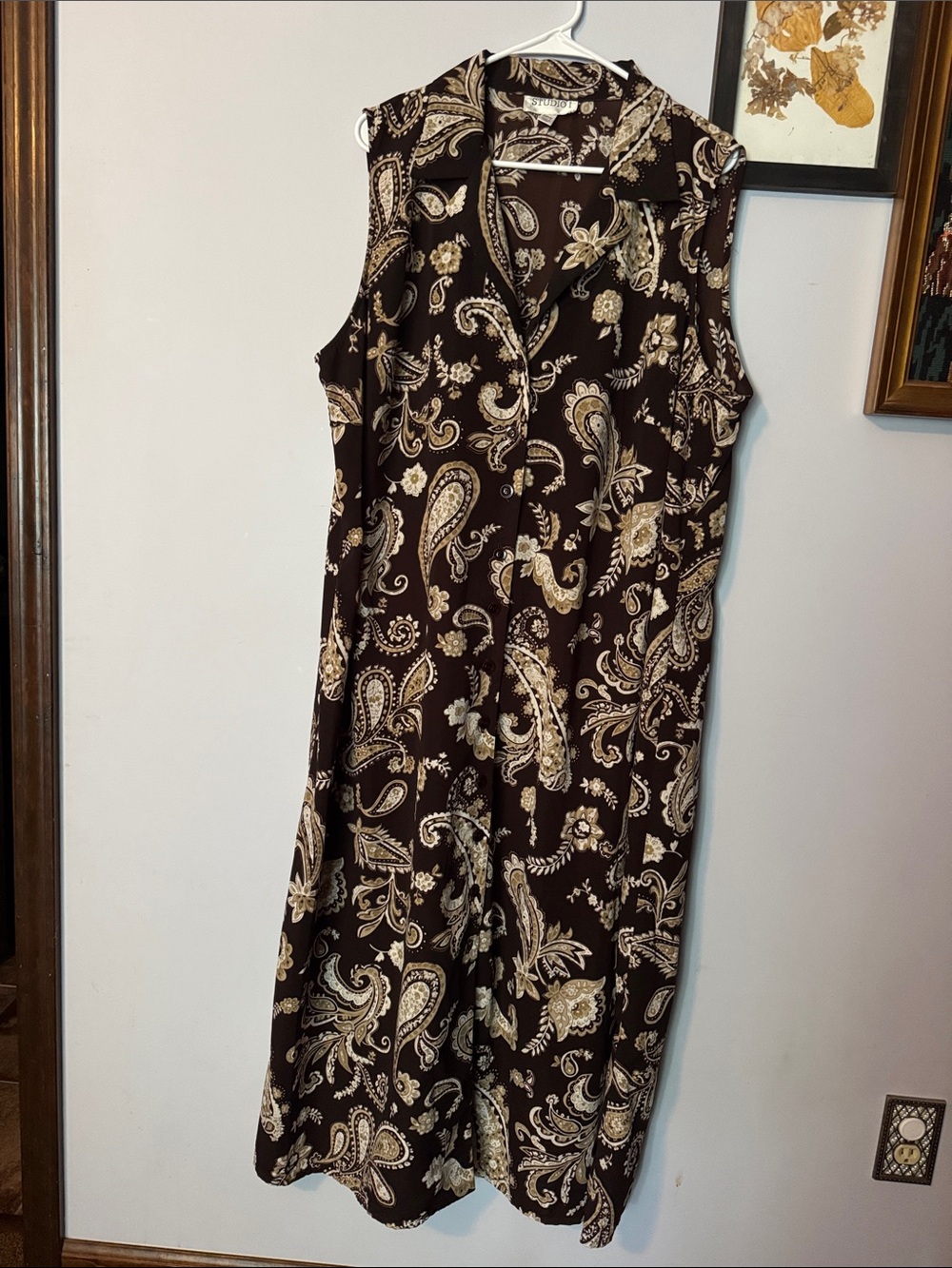 Studio I Brown & Cream Paisley Sleeveless Button Front Dress